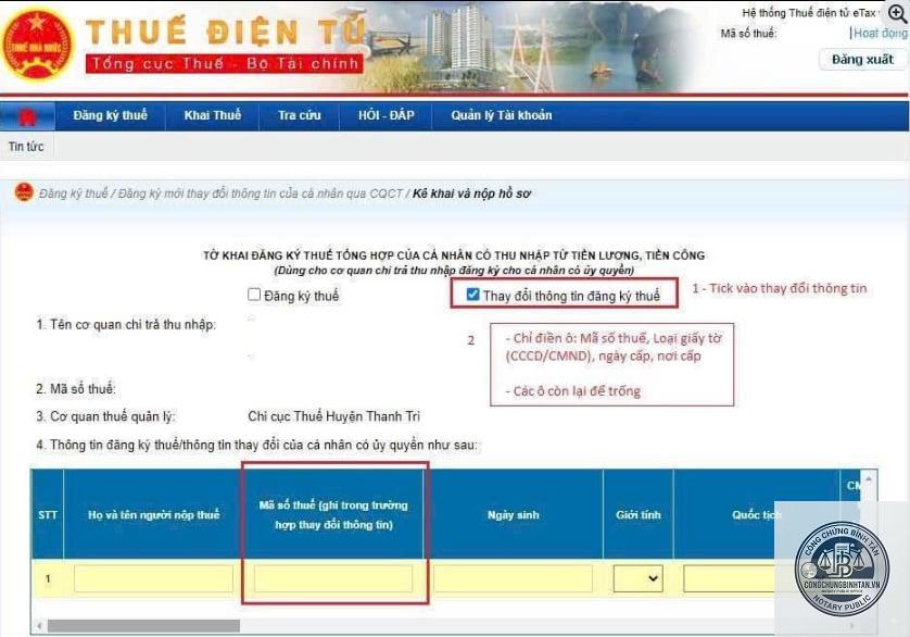 cập nhật căn cước cho mã số thuế