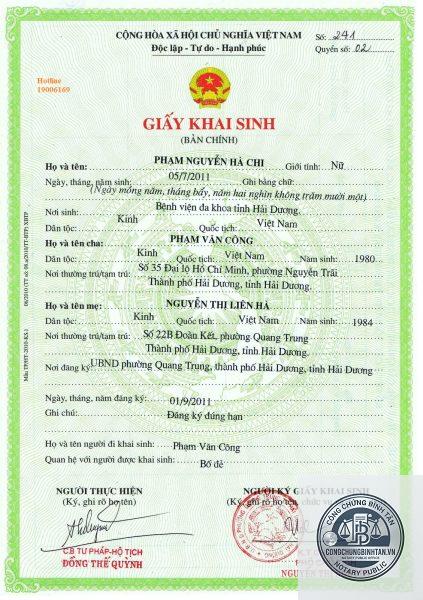 chứng thực giấy khai sinh