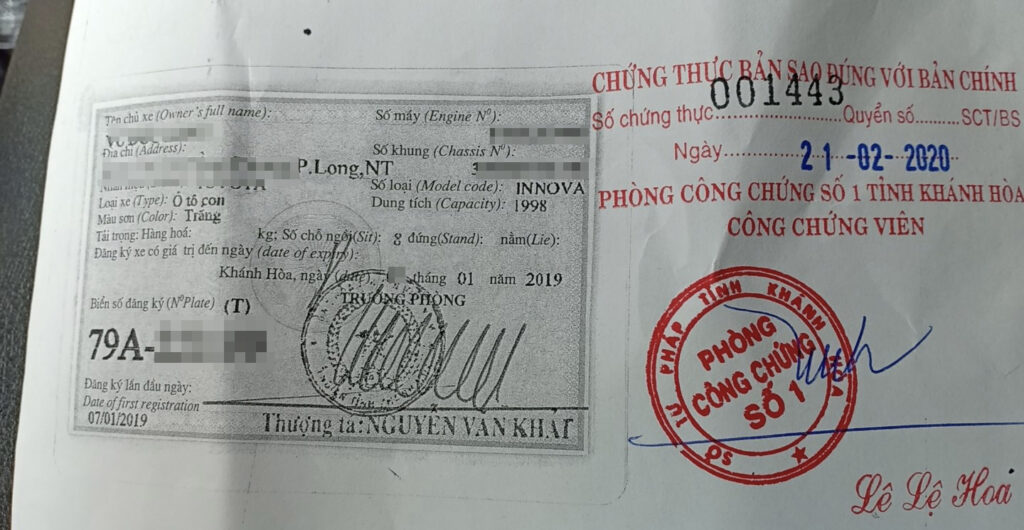 chứng thực giấy tờ đăng ký xe