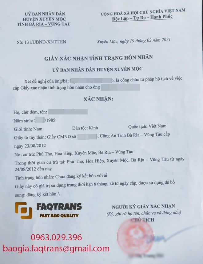 công chứng giấy xác nhận độc thân