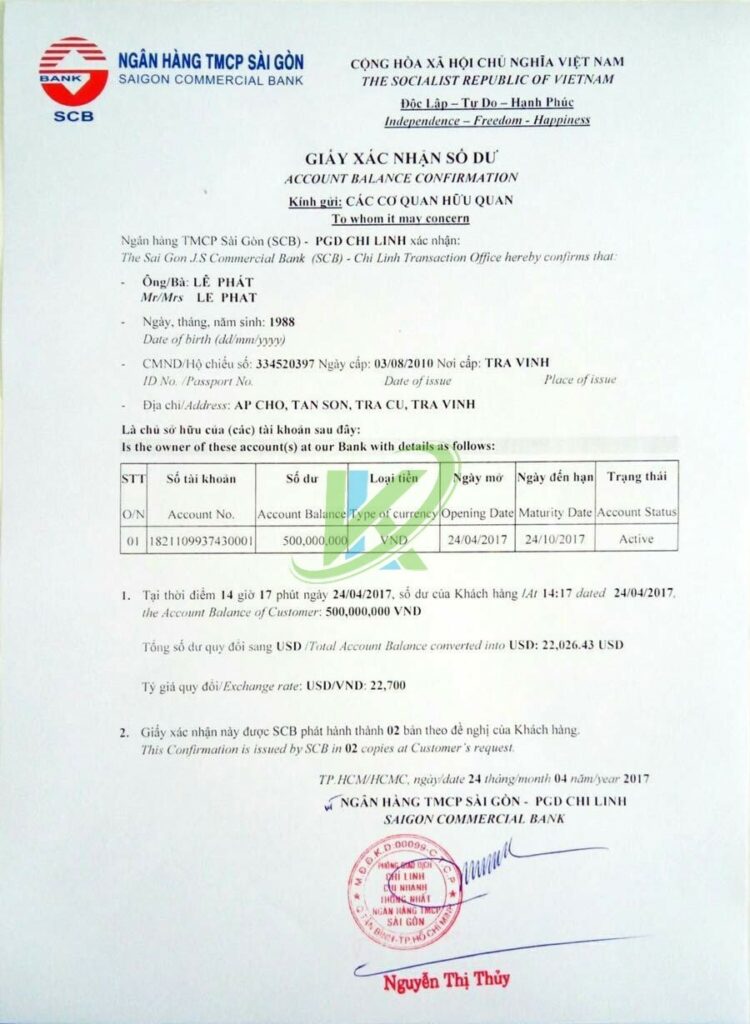 công chứng giấy xác nhận tài chính