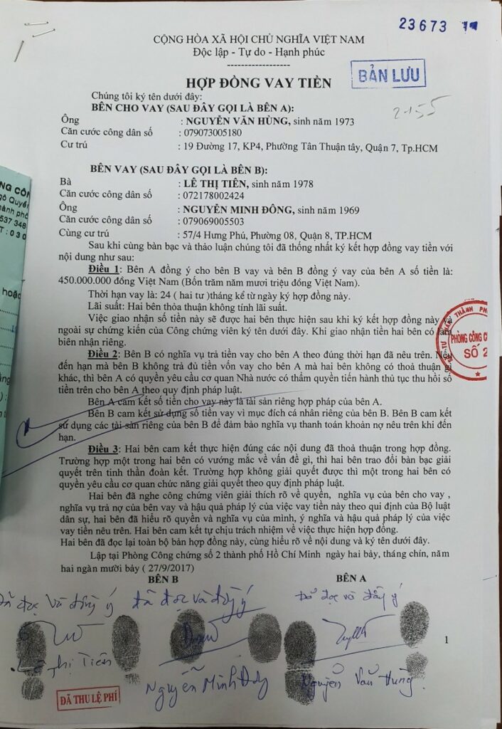 công chứng hợp đồng vay tiền