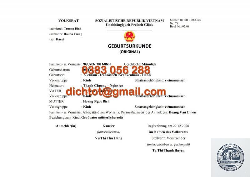 dịch giấy khai sinh tiếng đức