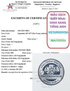 dịch giấy khai sinh xin visa