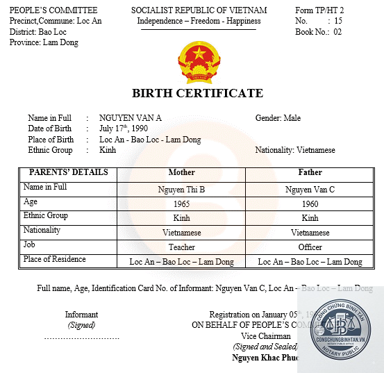 dịch thuật công chứng giấy khai sinh