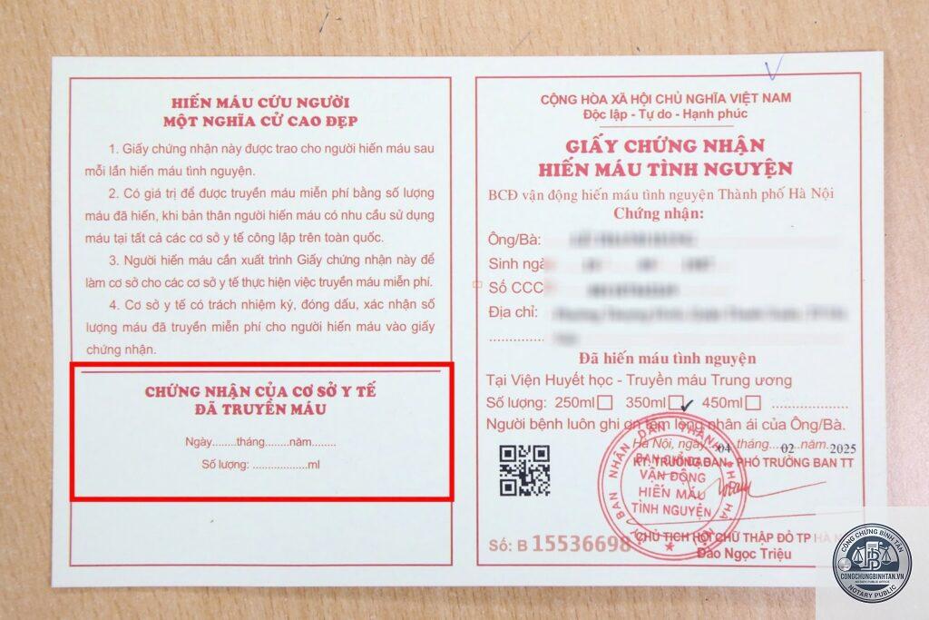 giấy chứng nhận hiến máu