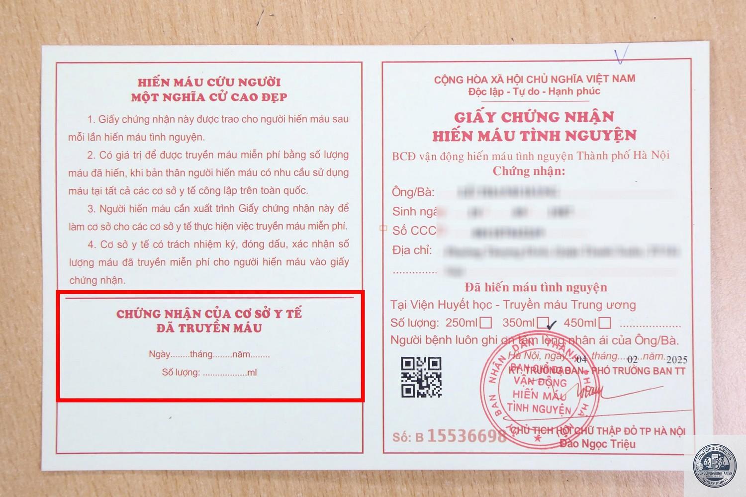 giấy chứng nhận hiến máu - Hình 1