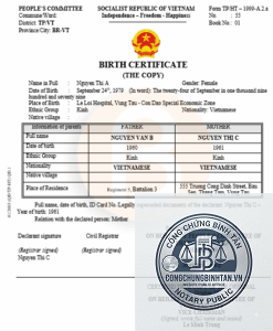 giấy khai sinh tiếng anh