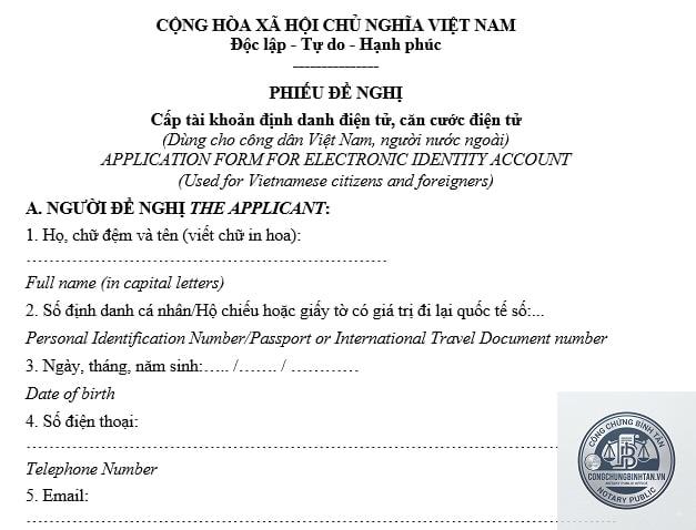 giấy tờ đăng ký tài khoản định danh