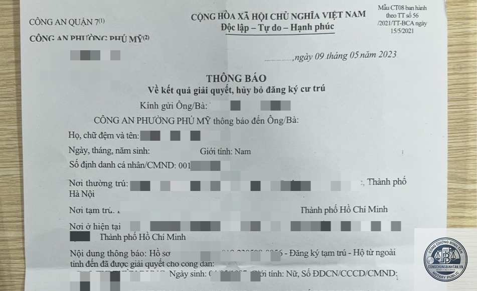 giấy xác nhận cư trú đăng ký xe