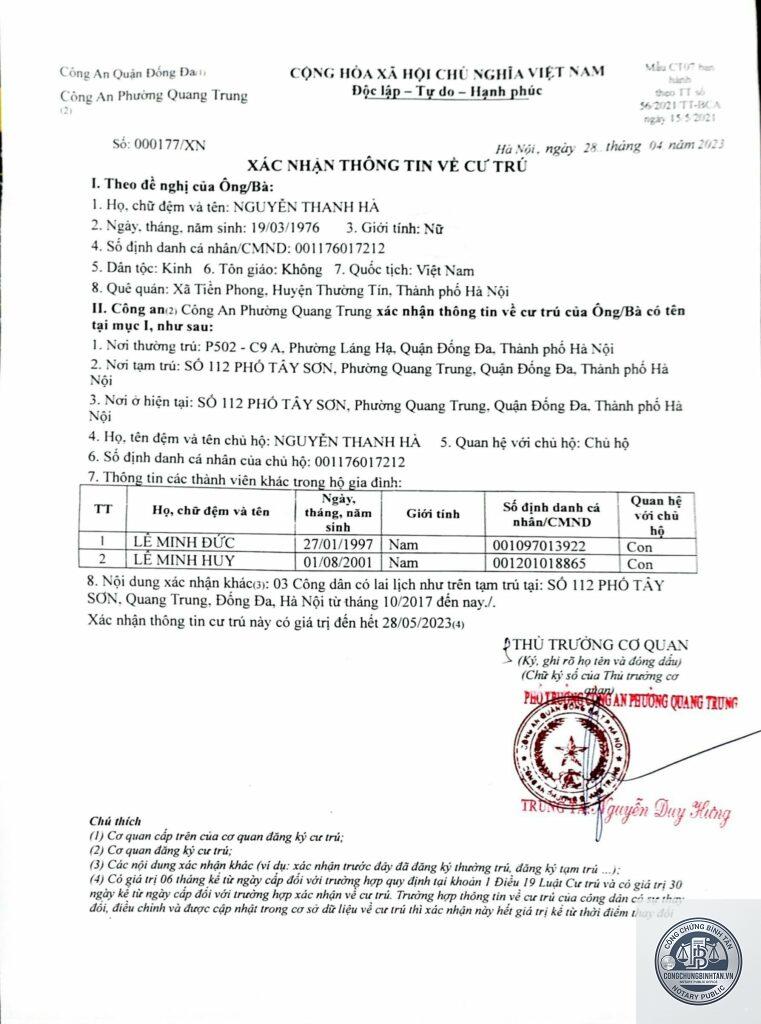 giấy xác nhận cư trú làm visa