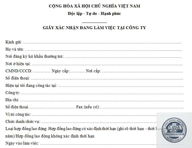 giấy xác nhận đang làm việc