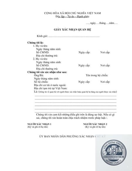 giấy xác nhận quan hệ nhân thân