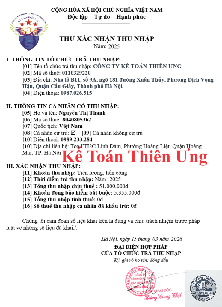 giấy xác nhận thu nhập