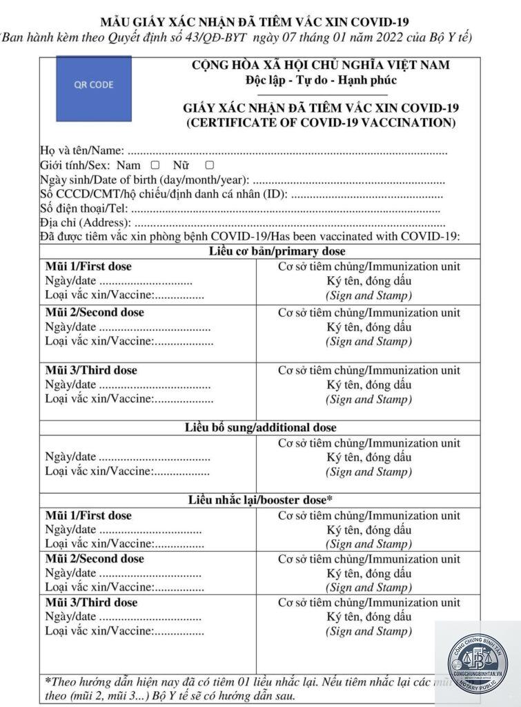giấy xác nhận tiêm vaccine