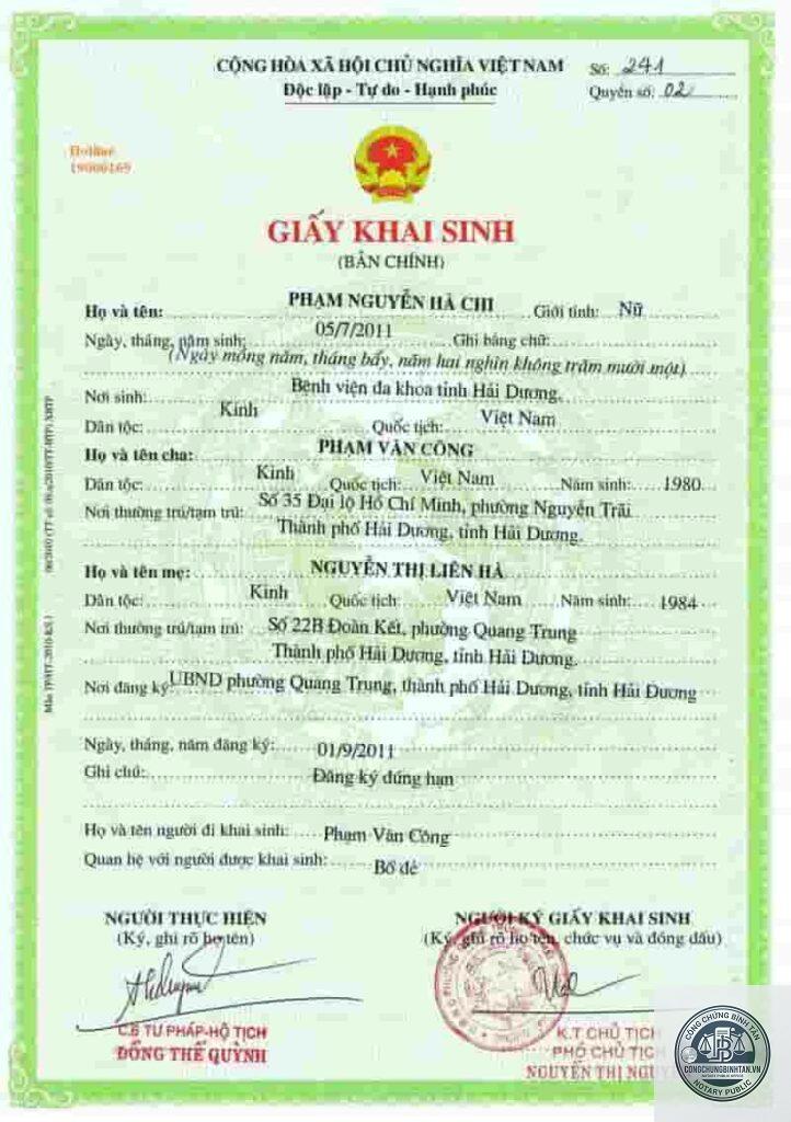 khai sinh cho con