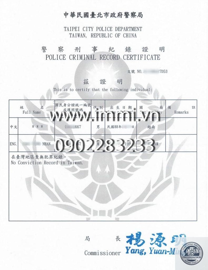phiếu lý lịch tư pháp đi đài loan