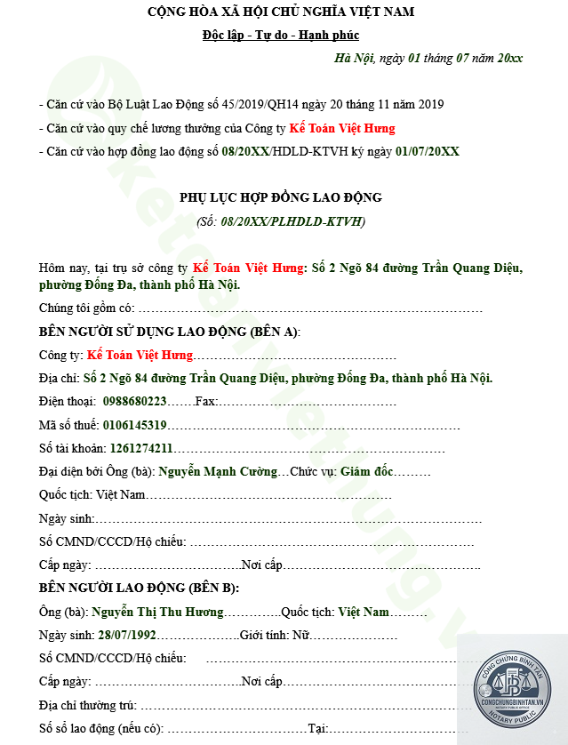 phụ lục hợp đồng lao động