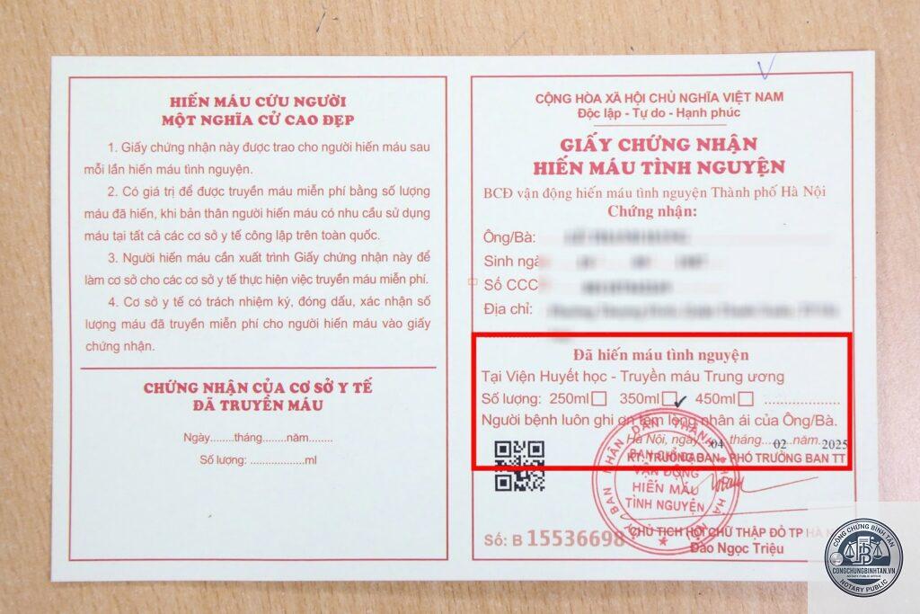 thẻ hiến máu tình nguyện