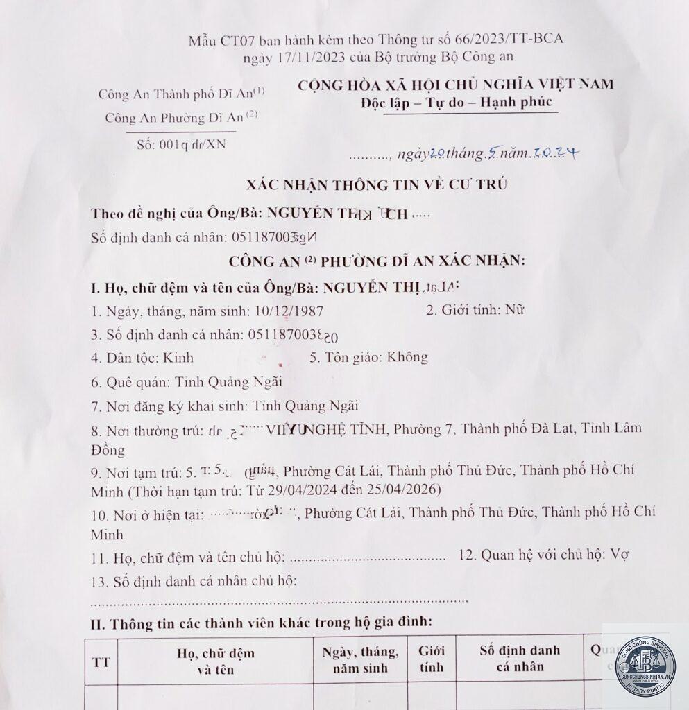 xác nhận cư trú