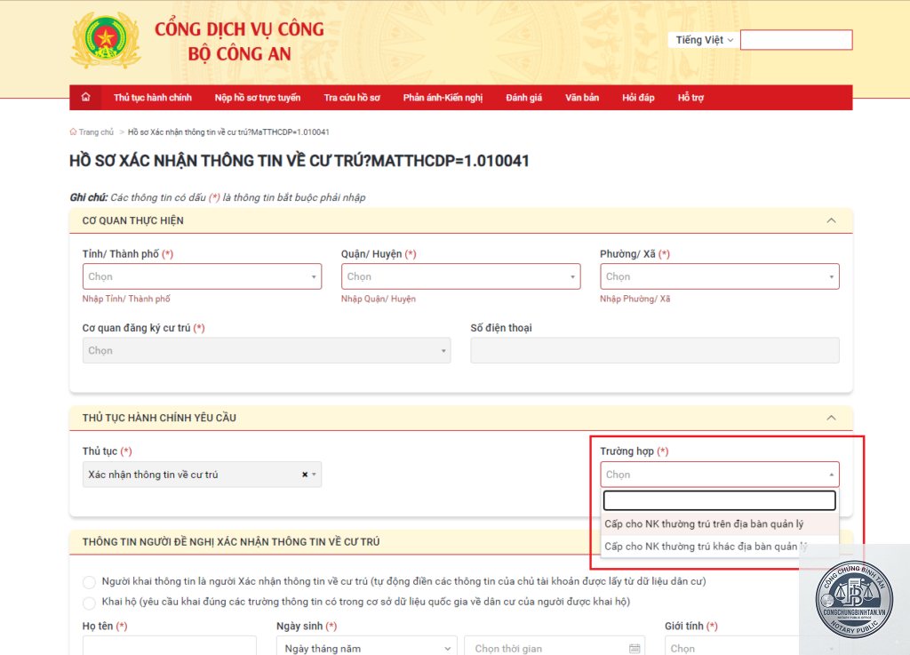 xin giấy xác nhận cư trú online