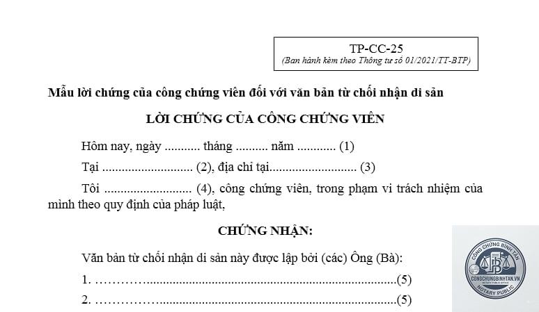 công chứng văn bản từ chối nhận di sản