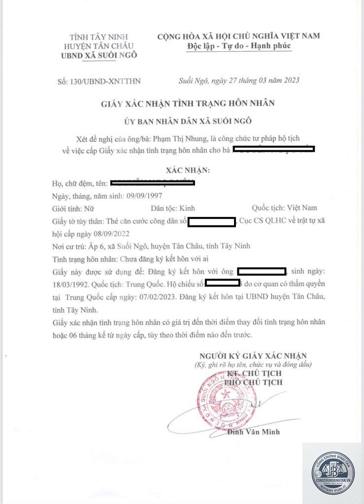 giấy xác nhận tình trạng hôn nhân khi lập di chúc