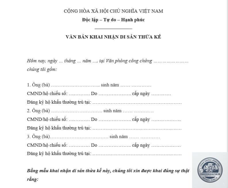 hồ sơ khai nhận di sản theo di chúc