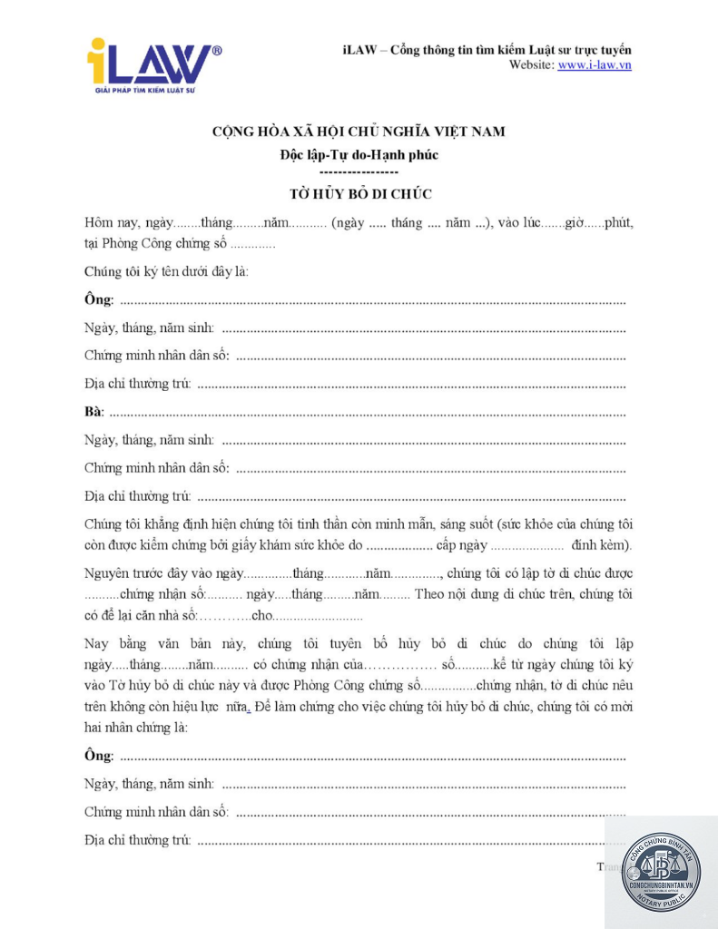 mẫu đơn hủy di chúc