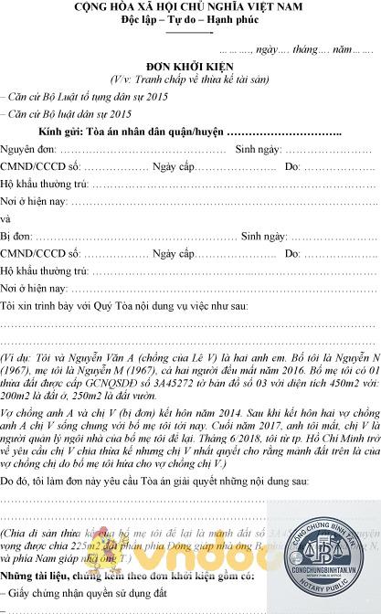 mẫu đơn khởi kiện tranh chấp di ch&uacute;c - Image 2
