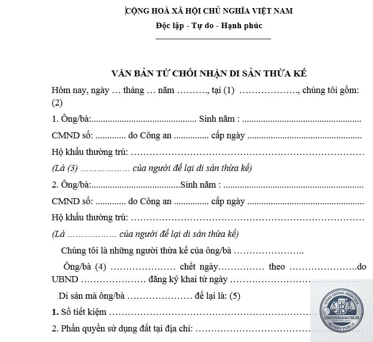 thủ tục từ chối nhận di sản theo di chúc